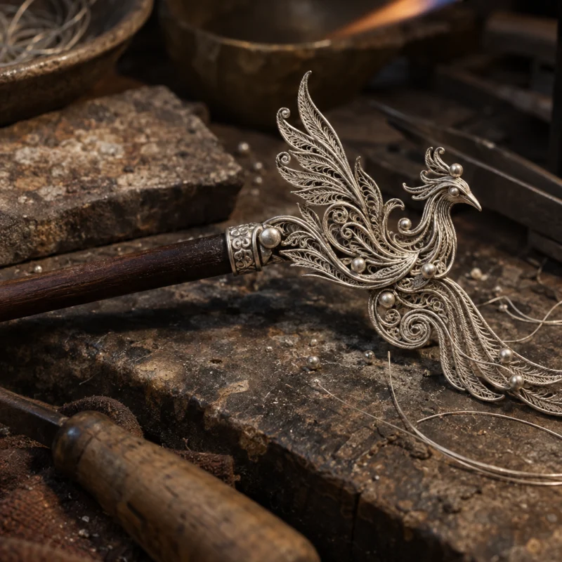 Filigree hairpin, phoenix, close-up of the wooden pin and hinge, at a Định Công silversmith's bench, worn wood, fine silver wire and a small torch flame, warm grey and silver tones