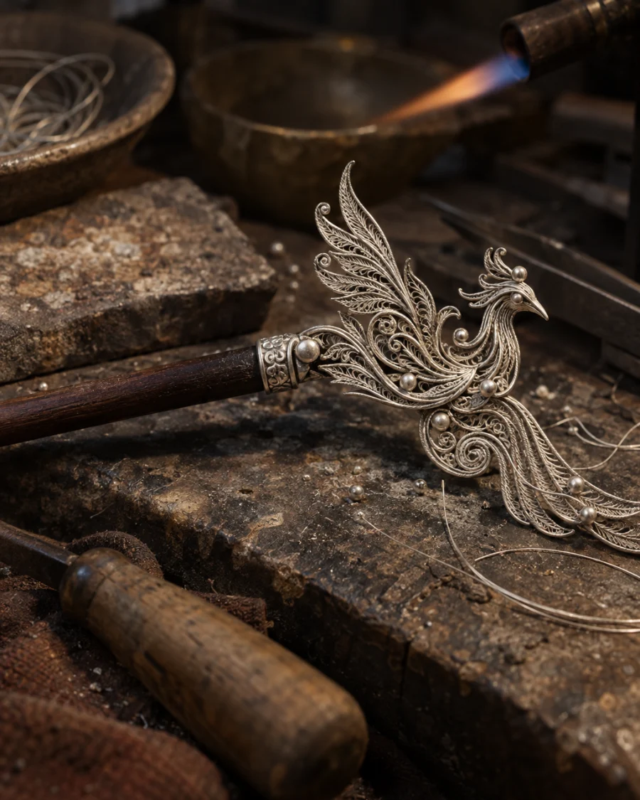 Filigree hairpin, phoenix, close-up of the wooden pin and hinge, at a Định Công silversmith's bench, worn wood, fine silver wire and a small torch flame, warm grey and silver tones