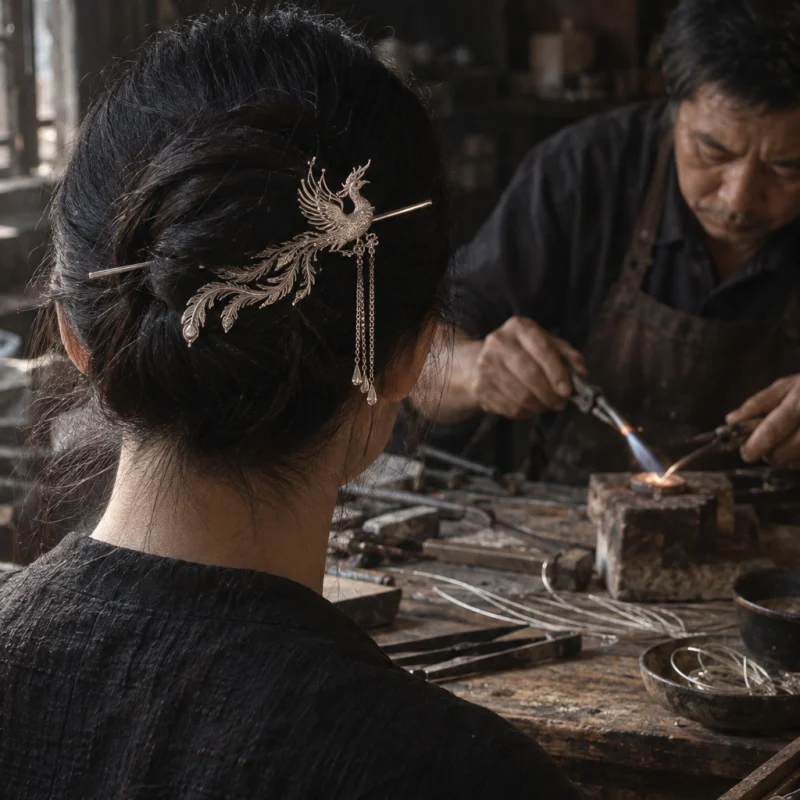 Filigree hairpin, phoenix, the hairpin set in dark hair, seen from behind, soft light, at a Định Công silversmith's bench, worn wood, fine silver wire and a small torch flame, warm grey and silver tones