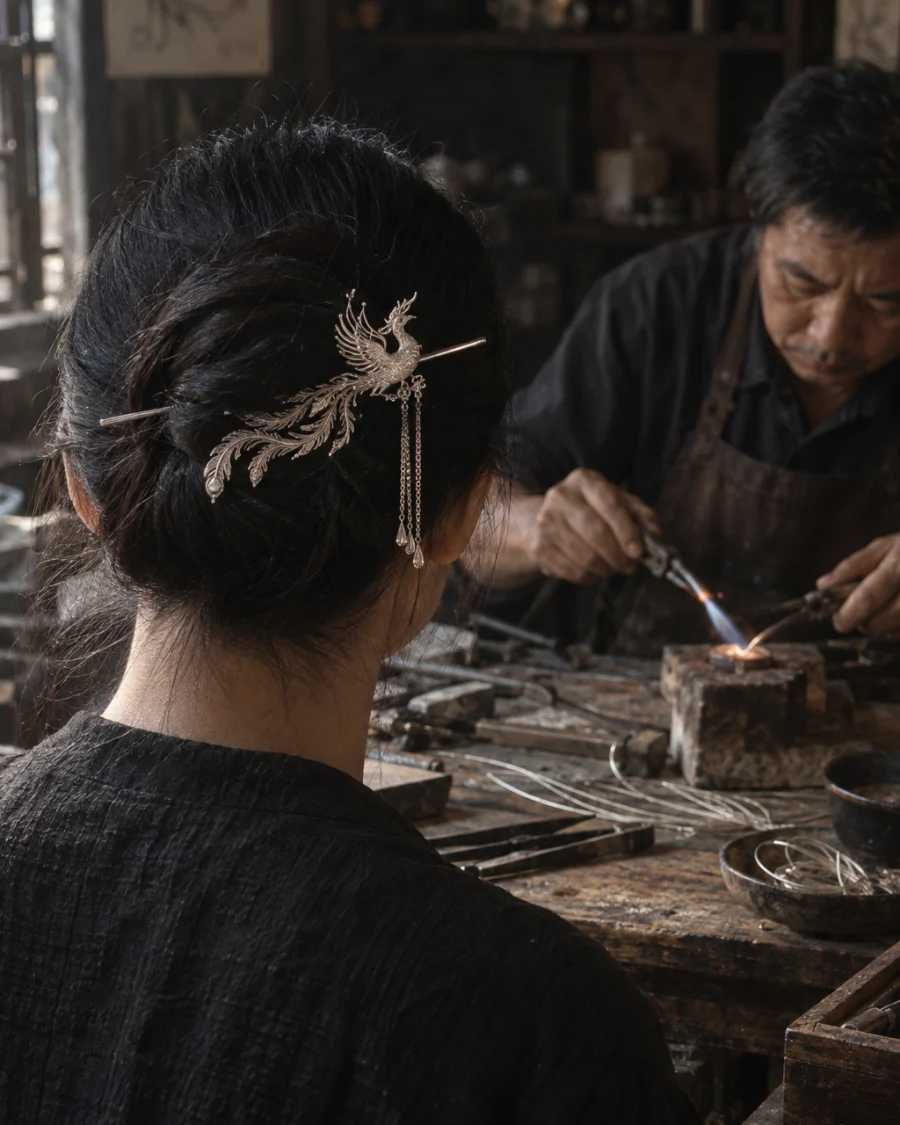Filigree hairpin, phoenix, the hairpin set in dark hair, seen from behind, soft light, at a Định Công silversmith's bench, worn wood, fine silver wire and a small torch flame, warm grey and silver tones