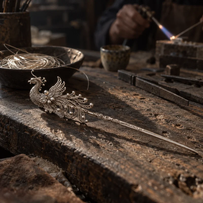 Filigree hairpin, phoenix: A sterling-silver filigree hairpin topped with a phoenix of twisted wire and bead feathers, lying across dark worn wood, at a Định Công silversmith's bench, worn wood, fine silver wire and a small torch flame, warm grey and silver tones, by Đinh Văn Hùng