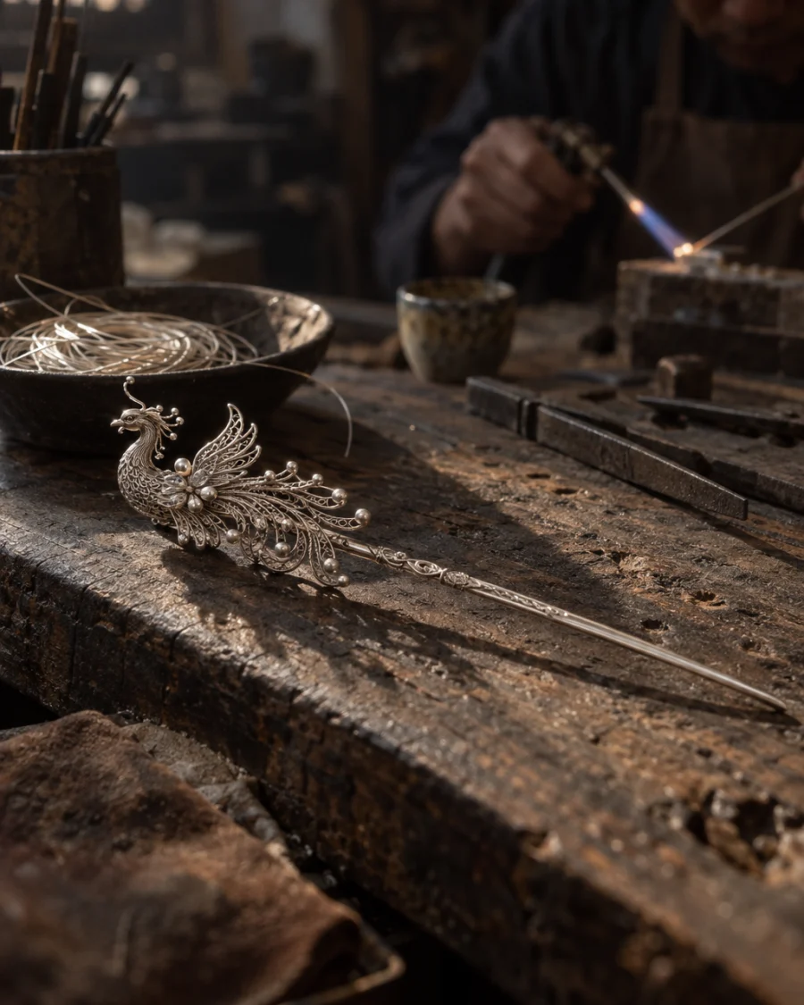 Filigree hairpin, phoenix: A sterling-silver filigree hairpin topped with a phoenix of twisted wire and bead feathers, lying across dark worn wood, at a Định Công silversmith's bench, worn wood, fine silver wire and a small torch flame, warm grey and silver tones, by Đinh Văn Hùng