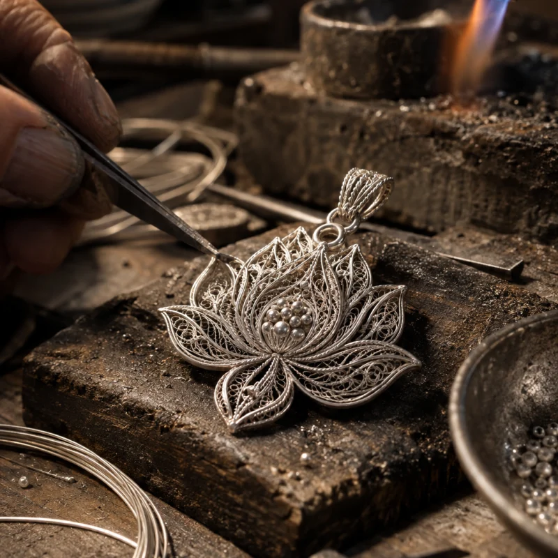 Filigree pendant, lotus, macro of the twisted silver thread, each strand drawn and flattened by hand, at a Định Công silversmith's bench, worn wood, fine silver wire and a small torch flame, warm grey and silver tones