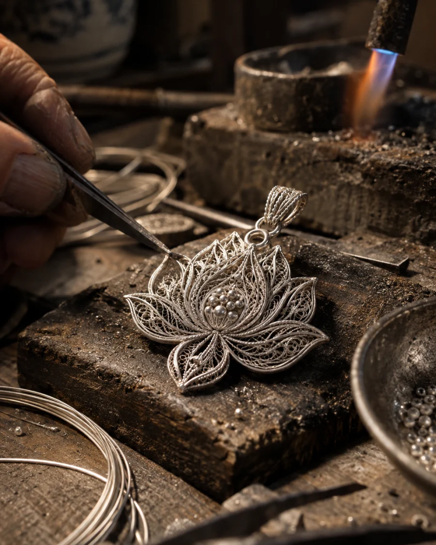 Filigree pendant, lotus, macro of the twisted silver thread, each strand drawn and flattened by hand, at a Định Công silversmith's bench, worn wood, fine silver wire and a small torch flame, warm grey and silver tones