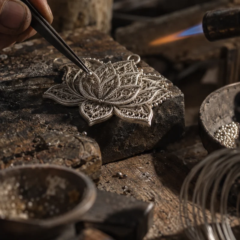 Filigree pendant, lotus, macro of the tiny silver beads soldered along the filigree edges, at a Định Công silversmith's bench, worn wood, fine silver wire and a small torch flame, warm grey and silver tones