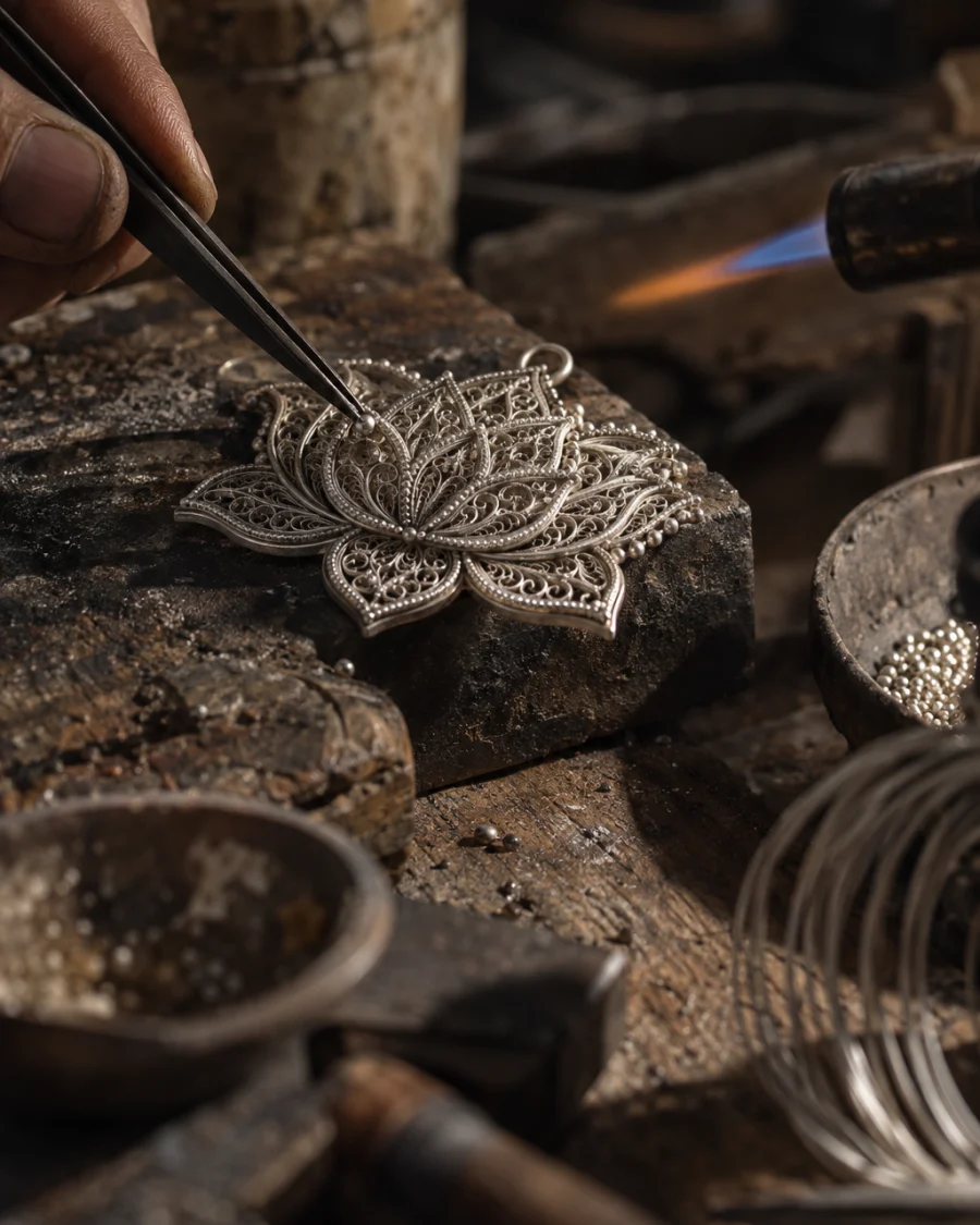 Filigree pendant, lotus, macro of the tiny silver beads soldered along the filigree edges, at a Định Công silversmith's bench, worn wood, fine silver wire and a small torch flame, warm grey and silver tones