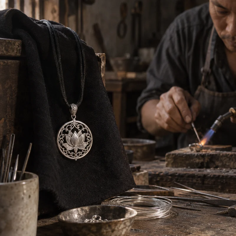 Filigree pendant, lotus, the pendant hanging on its silk cord against dark cloth, at a Định Công silversmith's bench, worn wood, fine silver wire and a small torch flame, warm grey and silver tones