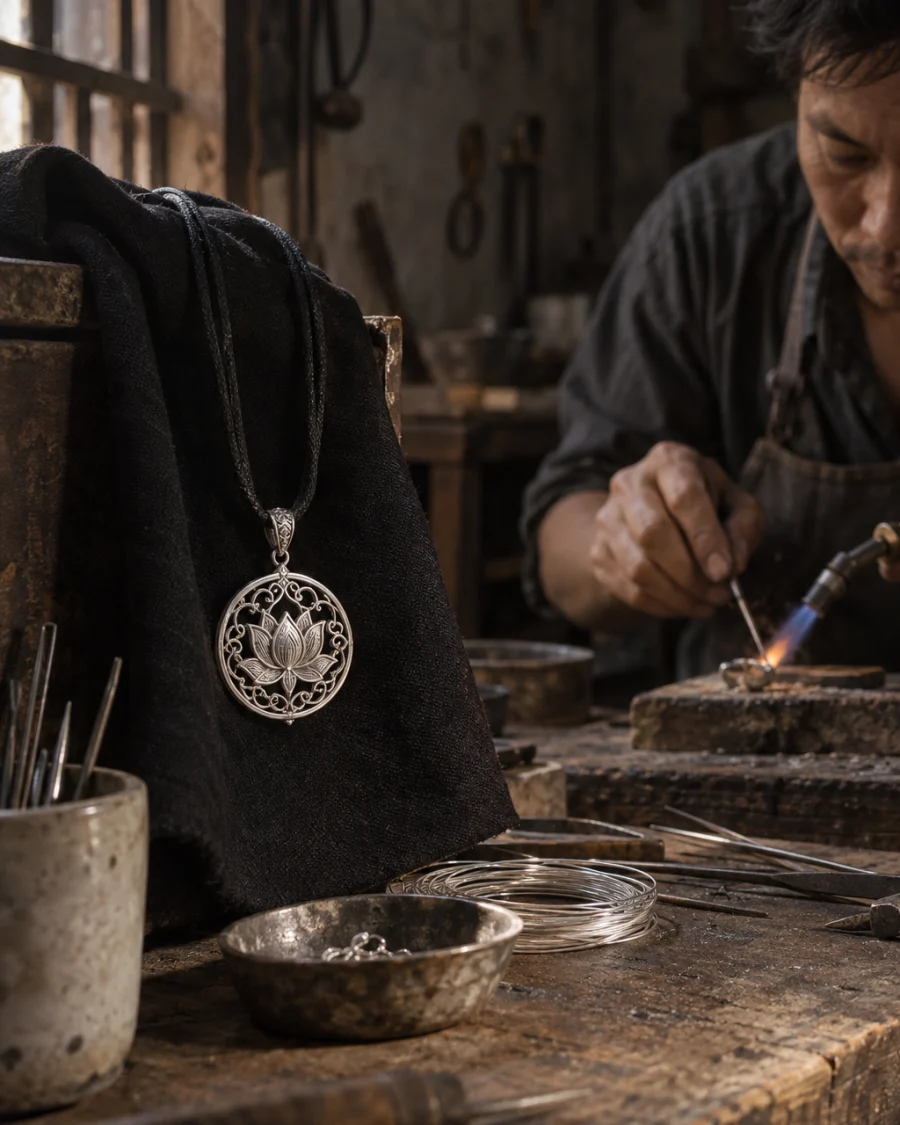 Filigree pendant, lotus, the pendant hanging on its silk cord against dark cloth, at a Định Công silversmith's bench, worn wood, fine silver wire and a small torch flame, warm grey and silver tones