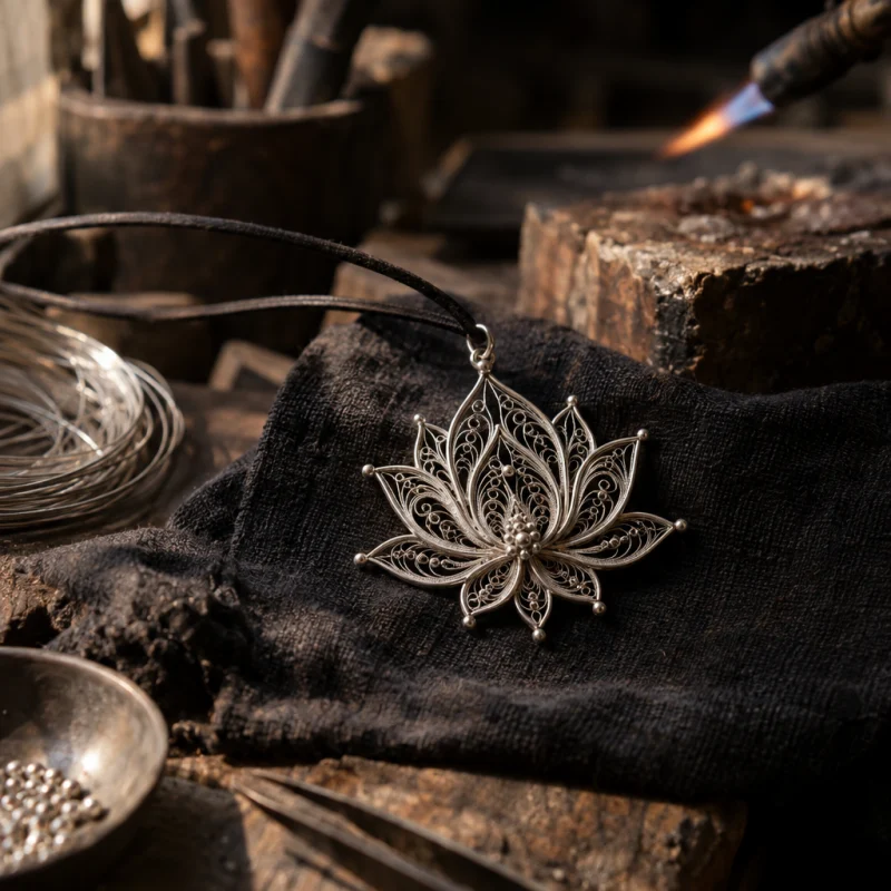 Filigree pendant, lotus: A sterling-silver filigree pendant in the form of an open lotus on a plain silk cord, lace of twisted wire with bead tips, on worn wood, at a Định Công silversmith's bench, worn wood, fine silver wire and a small torch flame, warm grey and silver tones, by Đinh Văn Hùng