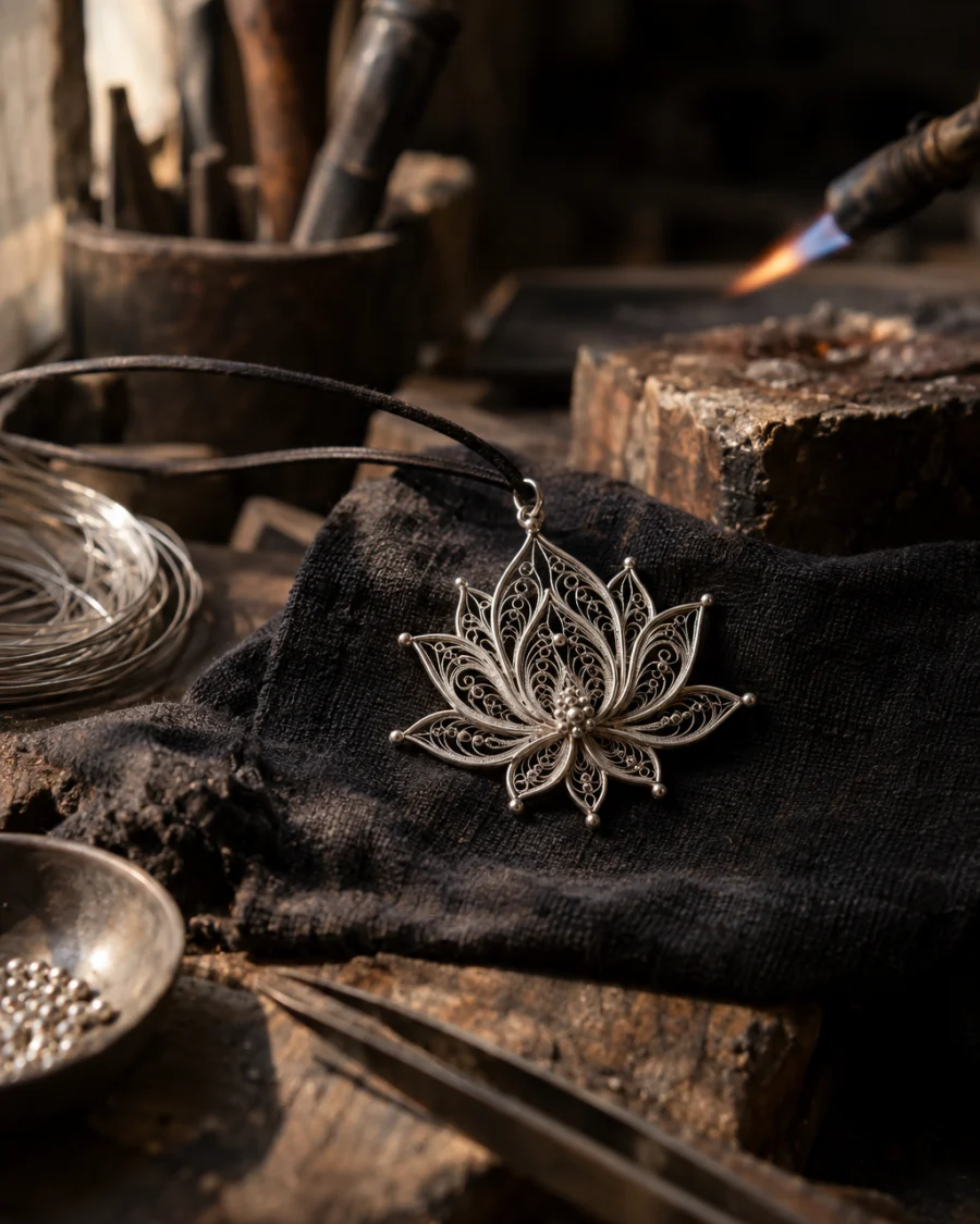 Filigree pendant, lotus: A sterling-silver filigree pendant in the form of an open lotus on a plain silk cord, lace of twisted wire with bead tips, on worn wood, at a Định Công silversmith's bench, worn wood, fine silver wire and a small torch flame, warm grey and silver tones, by Đinh Văn Hùng