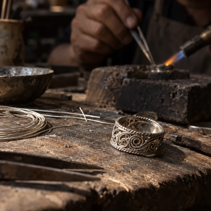 Filigree ring, silver, macro of the twisted-wire band, at a Định Công silversmith's bench, worn wood, fine silver wire and a small torch flame, warm grey and silver tones