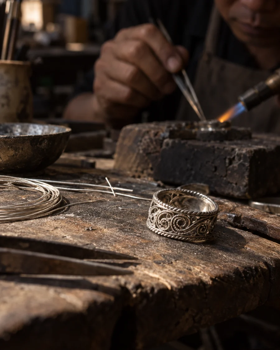 Filigree ring, silver, macro of the twisted-wire band, at a Định Công silversmith's bench, worn wood, fine silver wire and a small torch flame, warm grey and silver tones