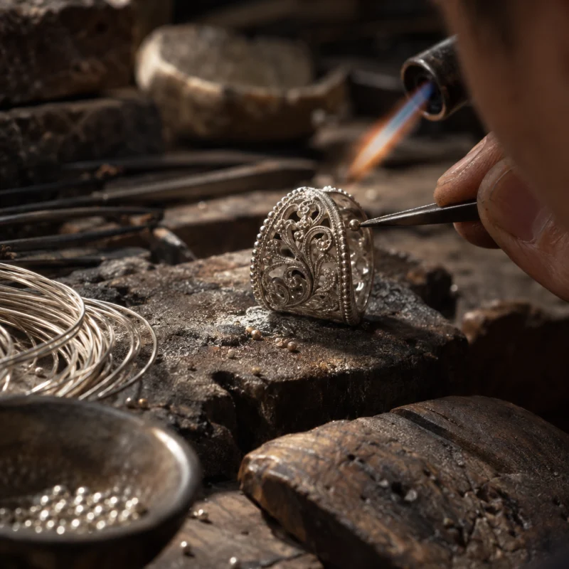 Filigree ring, silver, macro of the tiny silver beads soldered along the filigree edges, at a Định Công silversmith's bench, worn wood, fine silver wire and a small torch flame, warm grey and silver tones