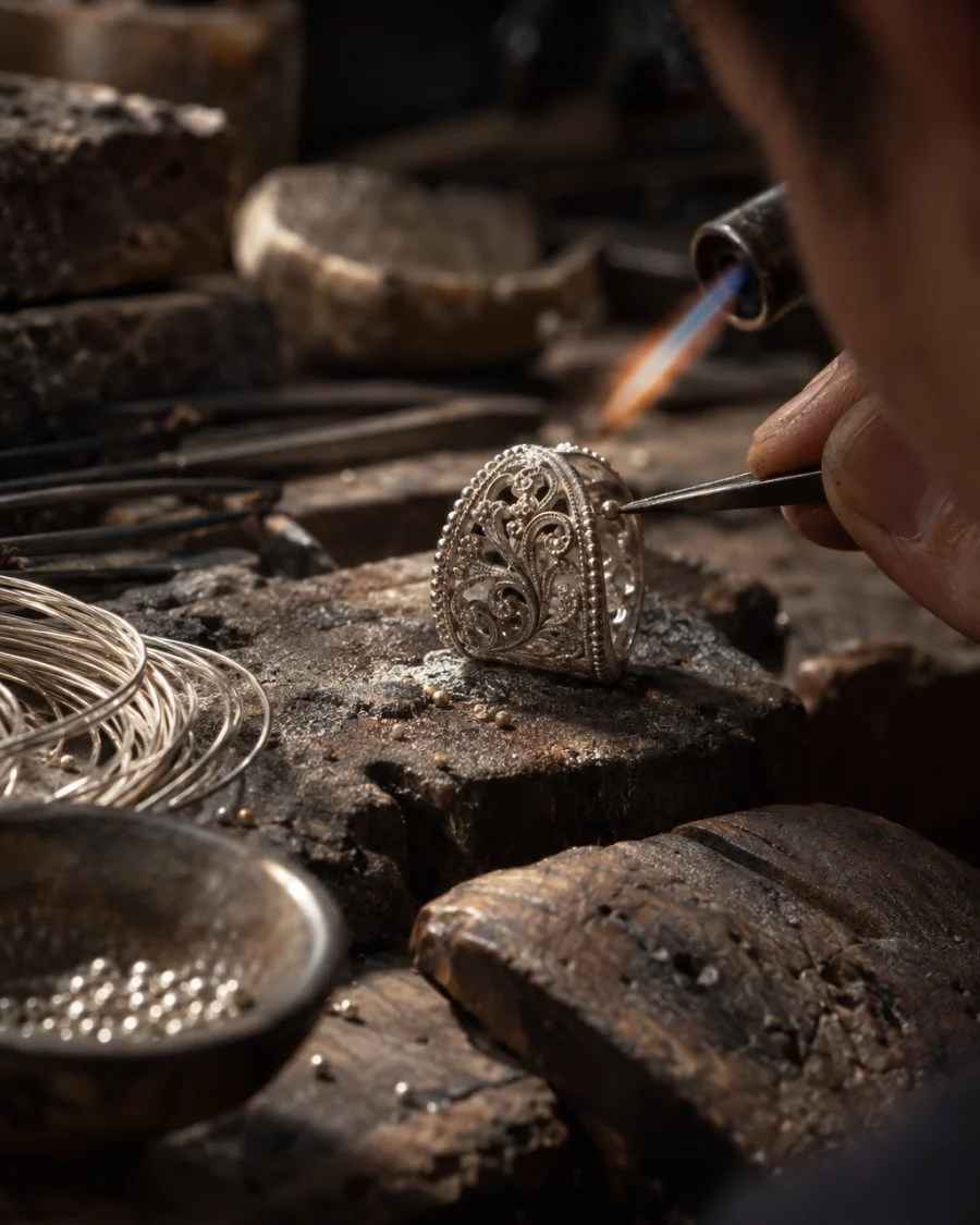 Filigree ring, silver, macro of the tiny silver beads soldered along the filigree edges, at a Định Công silversmith's bench, worn wood, fine silver wire and a small torch flame, warm grey and silver tones
