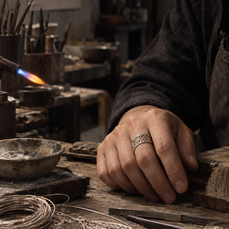 Filigree ring, silver, the ring worn on a hand resting on the bench, at a Định Công silversmith's bench, worn wood, fine silver wire and a small torch flame, warm grey and silver tones