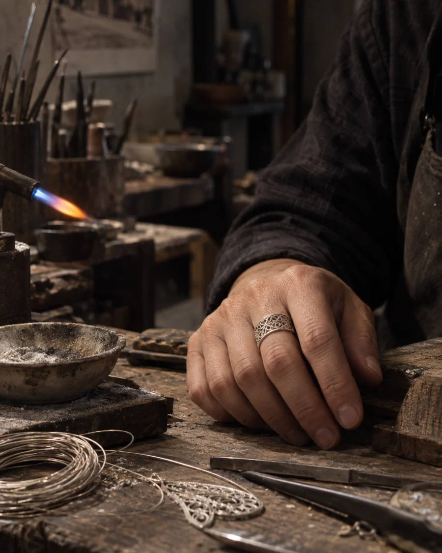 Filigree ring, silver, the ring worn on a hand resting on the bench, at a Định Công silversmith's bench, worn wood, fine silver wire and a small torch flame, warm grey and silver tones