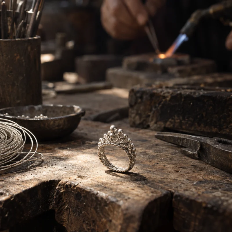 Filigree ring, silver: A sterling-silver filigree ring, the band built from twisted wire with a crown of silver beads, standing on the jeweller's bench, at a Định Công silversmith's bench, worn wood, fine silver wire and a small torch flame, warm grey and silver tones, by Đinh Văn Hùng
