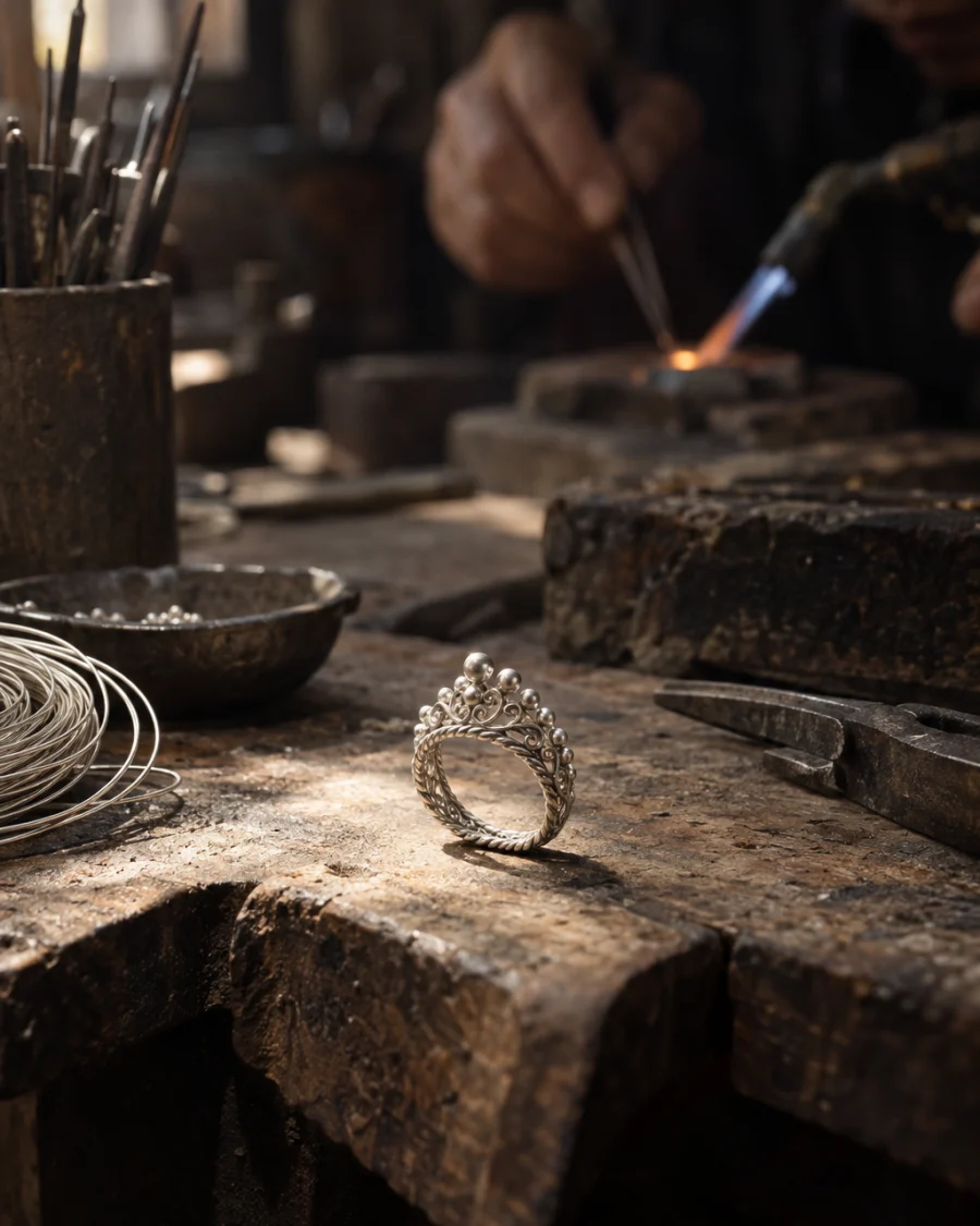 Filigree ring, silver: A sterling-silver filigree ring, the band built from twisted wire with a crown of silver beads, standing on the jeweller's bench, at a Định Công silversmith's bench, worn wood, fine silver wire and a small torch flame, warm grey and silver tones, by Đinh Văn Hùng