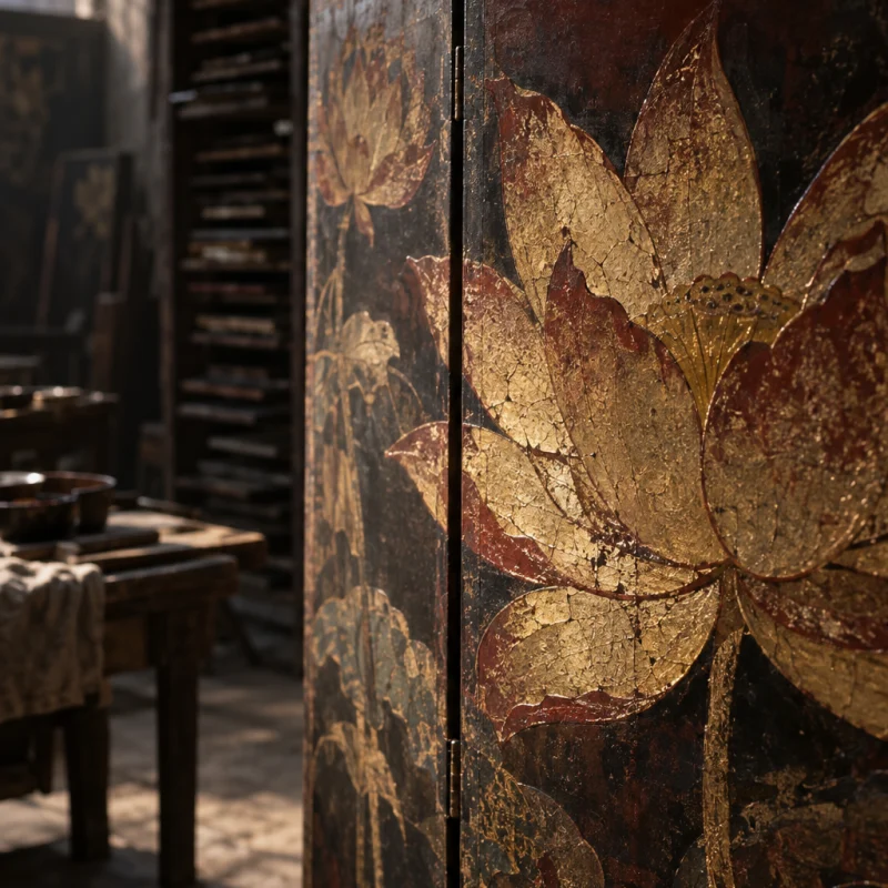 Four-panel screen, lotus, macro of a gilded lotus, gold leaf under lacquer, in the Hạ Thái lacquer workshop, dark wooden drying cabinets behind, palette of brown-black, cinnabar and dull gold