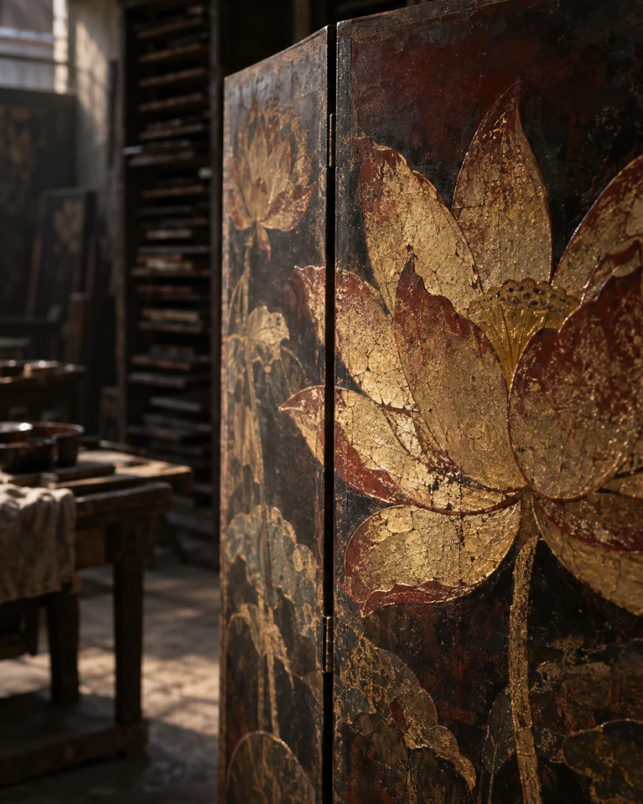 Four-panel screen, lotus, macro of a gilded lotus, gold leaf under lacquer, in the Hạ Thái lacquer workshop, dark wooden drying cabinets behind, palette of brown-black, cinnabar and dull gold