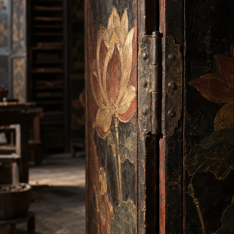 Four-panel screen, lotus, close-up of a hand-forged hinge between two panels, in the Hạ Thái lacquer workshop, dark wooden drying cabinets behind, palette of brown-black, cinnabar and dull gold