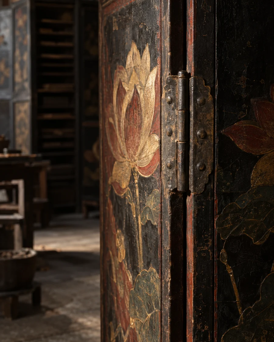Four-panel screen, lotus, close-up of a hand-forged hinge between two panels, in the Hạ Thái lacquer workshop, dark wooden drying cabinets behind, palette of brown-black, cinnabar and dull gold
