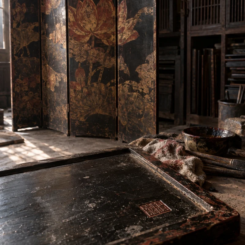 Four-panel screen, lotus, the reverse of a panel, sealed black lacquer with the maker's red seal pressed in, in the Hạ Thái lacquer workshop, dark wooden drying cabinets behind, palette of brown-black, cinnabar and dull gold