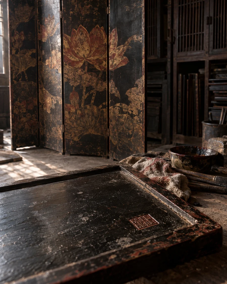 Four-panel screen, lotus, the reverse of a panel, sealed black lacquer with the maker's red seal pressed in, in the Hạ Thái lacquer workshop, dark wooden drying cabinets behind, palette of brown-black, cinnabar and dull gold