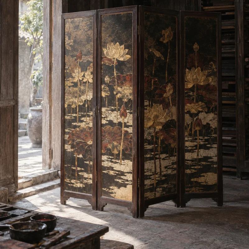 Four-panel screen, lotus: A four-panel lacquer screen with gilded lotuses over black and eggshell water, ironwood frame, standing open in an old timber house, in the Hạ Thái lacquer workshop, dark wooden drying cabinets behind, palette of brown-black, cinnabar and dull gold, by Trần Quang Minh