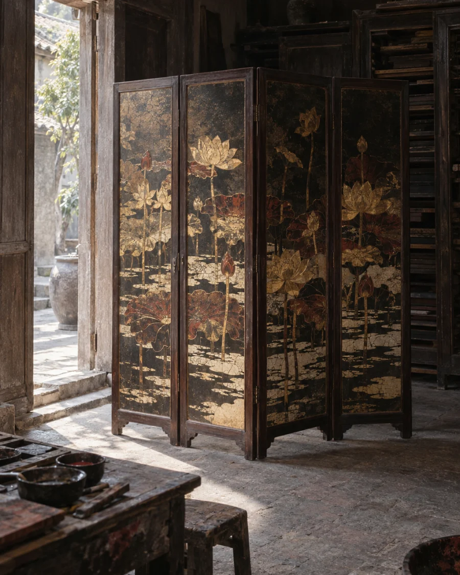 Four-panel screen, lotus: A four-panel lacquer screen with gilded lotuses over black and eggshell water, ironwood frame, standing open in an old timber house, in the Hạ Thái lacquer workshop, dark wooden drying cabinets behind, palette of brown-black, cinnabar and dull gold, by Trần Quang Minh
