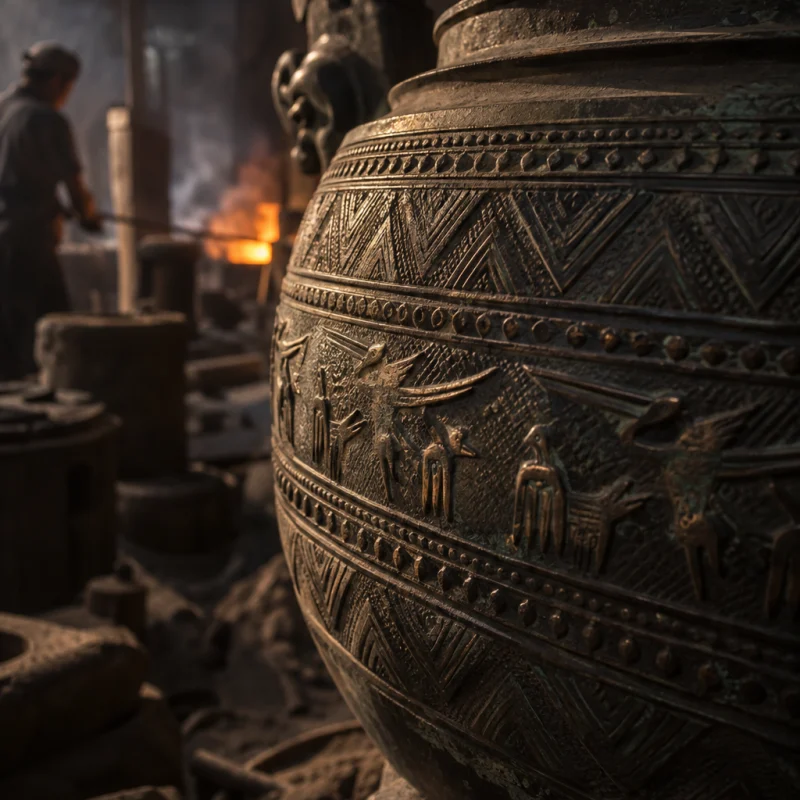 Incense burner, cast bronze, macro of the chased drum pattern, chisel marks in the patina, in the Đại Bái foundry, sand moulds and charcoal glow, dark bronze with a green-brown patina, smoke and low light
