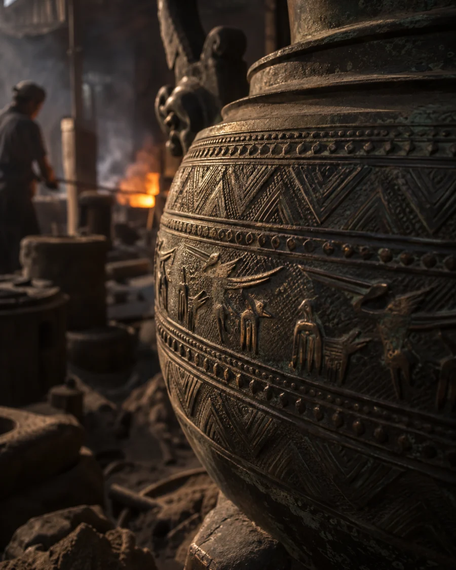 Incense burner, cast bronze, macro of the chased drum pattern, chisel marks in the patina, in the Đại Bái foundry, sand moulds and charcoal glow, dark bronze with a green-brown patina, smoke and low light