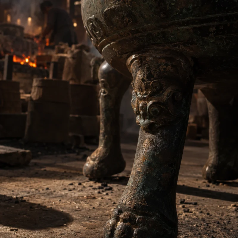 Incense burner, cast bronze, close-up of the three cast feet and the shadow beneath, in the Đại Bái foundry, sand moulds and charcoal glow, dark bronze with a green-brown patina, smoke and low light