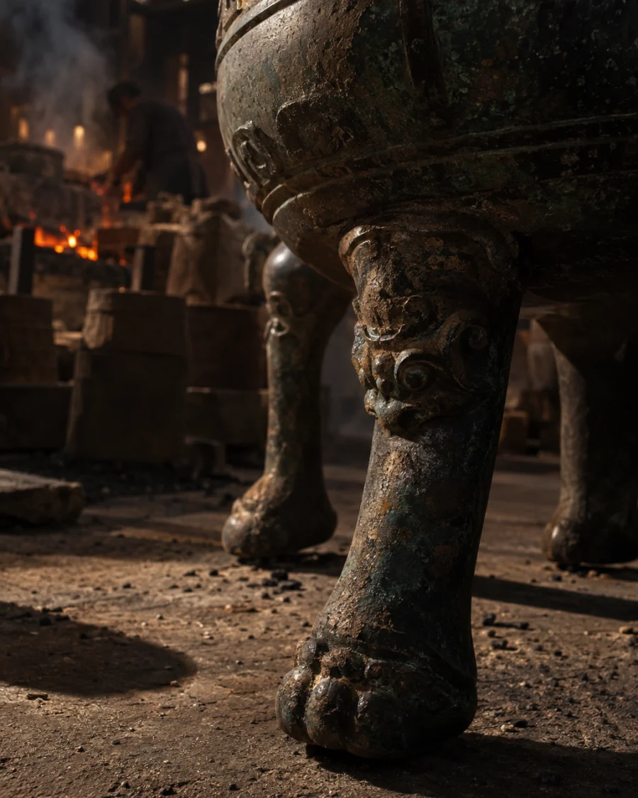 Incense burner, cast bronze, close-up of the three cast feet and the shadow beneath, in the Đại Bái foundry, sand moulds and charcoal glow, dark bronze with a green-brown patina, smoke and low light