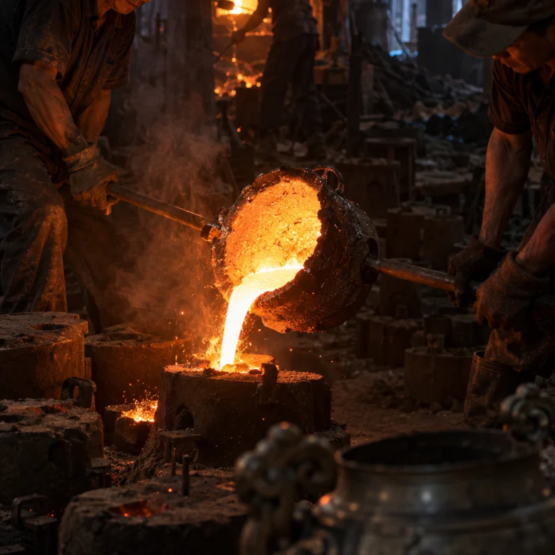 Incense burner, cast bronze, molten bronze poured into a sand mould in the dark, sparks and orange glow on the casters' hands, in the Đại Bái foundry, sand moulds and charcoal glow, dark bronze with a green-brown patina, smoke and low light