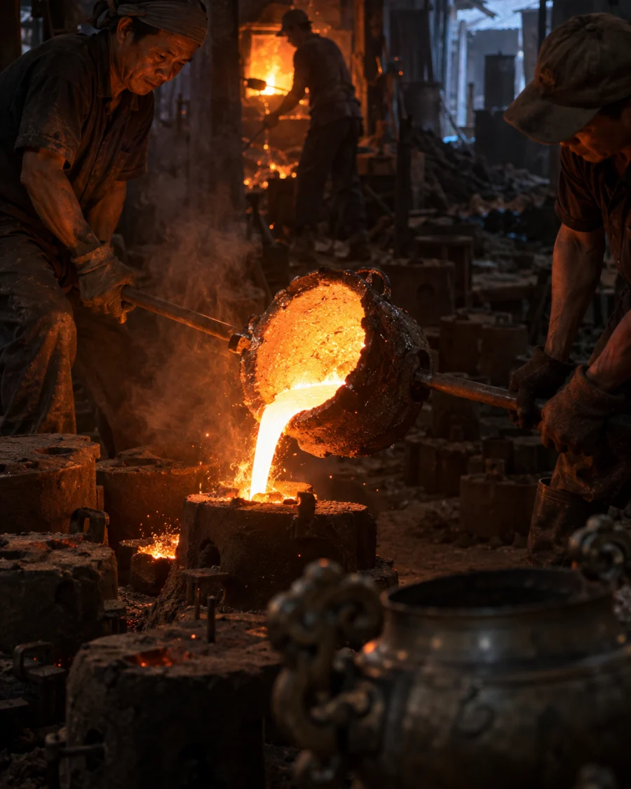 Incense burner, cast bronze, molten bronze poured into a sand mould in the dark, sparks and orange glow on the casters' hands, in the Đại Bái foundry, sand moulds and charcoal glow, dark bronze with a green-brown patina, smoke and low light