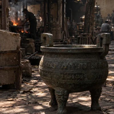 Incense burner, cast bronze: A cast-bronze incense burner on three feet with a chased Đông Sơn drum pattern and a deep village patina, standing on a tile in the yard, in the Đại Bái foundry, sand moulds and charcoal glow, dark bronze with a green-brown patina, smoke and low light, by Nguyễn Văn Sơn