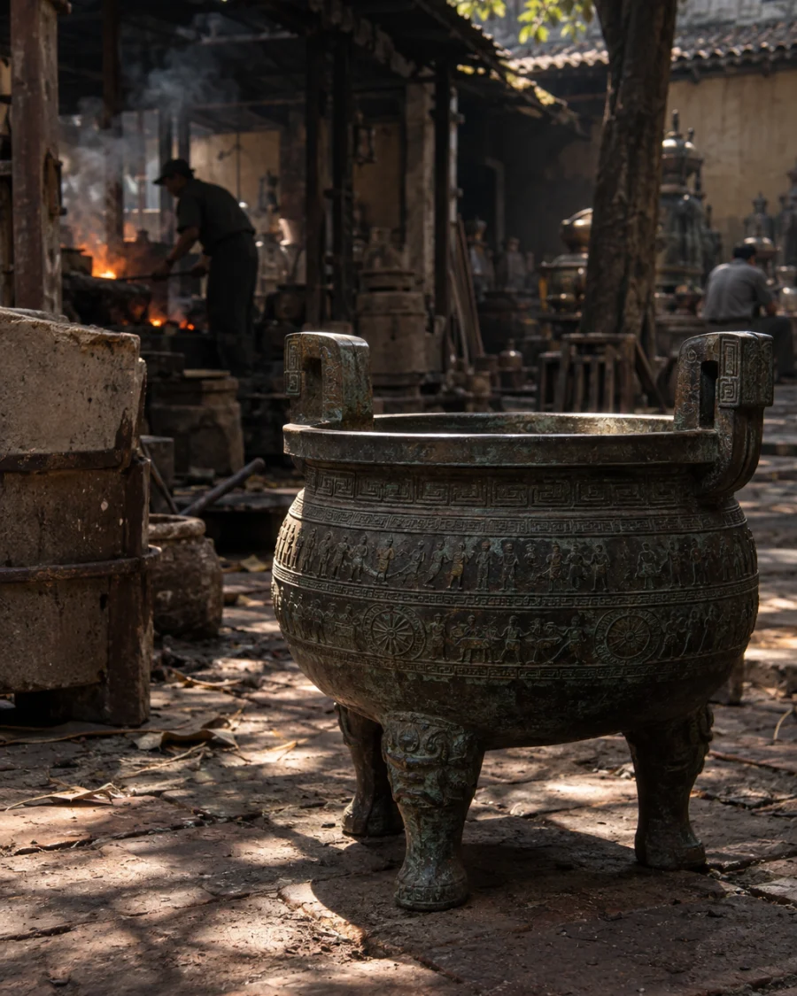 Incense burner, cast bronze: A cast-bronze incense burner on three feet with a chased Đông Sơn drum pattern and a deep village patina, standing on a tile in the yard, in the Đại Bái foundry, sand moulds and charcoal glow, dark bronze with a green-brown patina, smoke and low light, by Nguyễn Văn Sơn