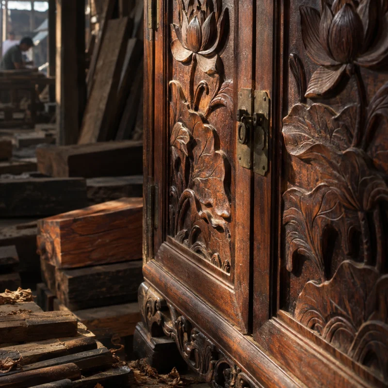 Jewellery cabinet, rosewood, close-up of the lotus-carved doors, in a Đồng Kỵ carving workshop, ironwood and rosewood planks, chisels and shavings, oiled dark grain, timber-yard light