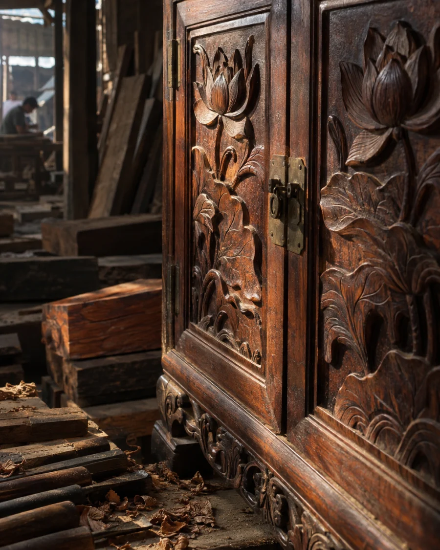 Jewellery cabinet, rosewood, close-up of the lotus-carved doors, in a Đồng Kỵ carving workshop, ironwood and rosewood planks, chisels and shavings, oiled dark grain, timber-yard light
