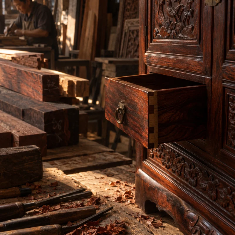 Jewellery cabinet, rosewood, one small drawer pulled open, dovetails visible, in a Đồng Kỵ carving workshop, ironwood and rosewood planks, chisels and shavings, oiled dark grain, timber-yard light