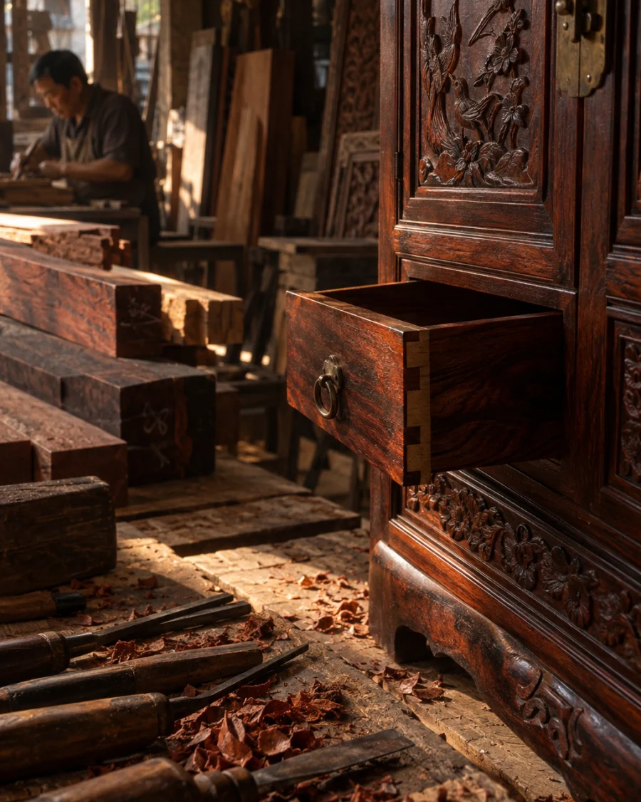 Jewellery cabinet, rosewood, one small drawer pulled open, dovetails visible, in a Đồng Kỵ carving workshop, ironwood and rosewood planks, chisels and shavings, oiled dark grain, timber-yard light