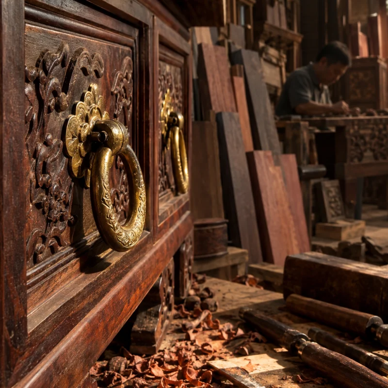 Jewellery cabinet, rosewood, macro of the brass pulls from Đại Bái, in a Đồng Kỵ carving workshop, ironwood and rosewood planks, chisels and shavings, oiled dark grain, timber-yard light