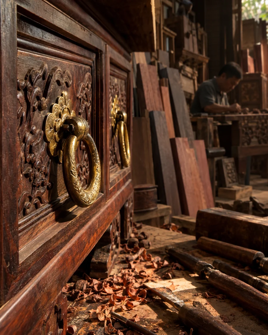 Jewellery cabinet, rosewood, macro of the brass pulls from Đại Bái, in a Đồng Kỵ carving workshop, ironwood and rosewood planks, chisels and shavings, oiled dark grain, timber-yard light