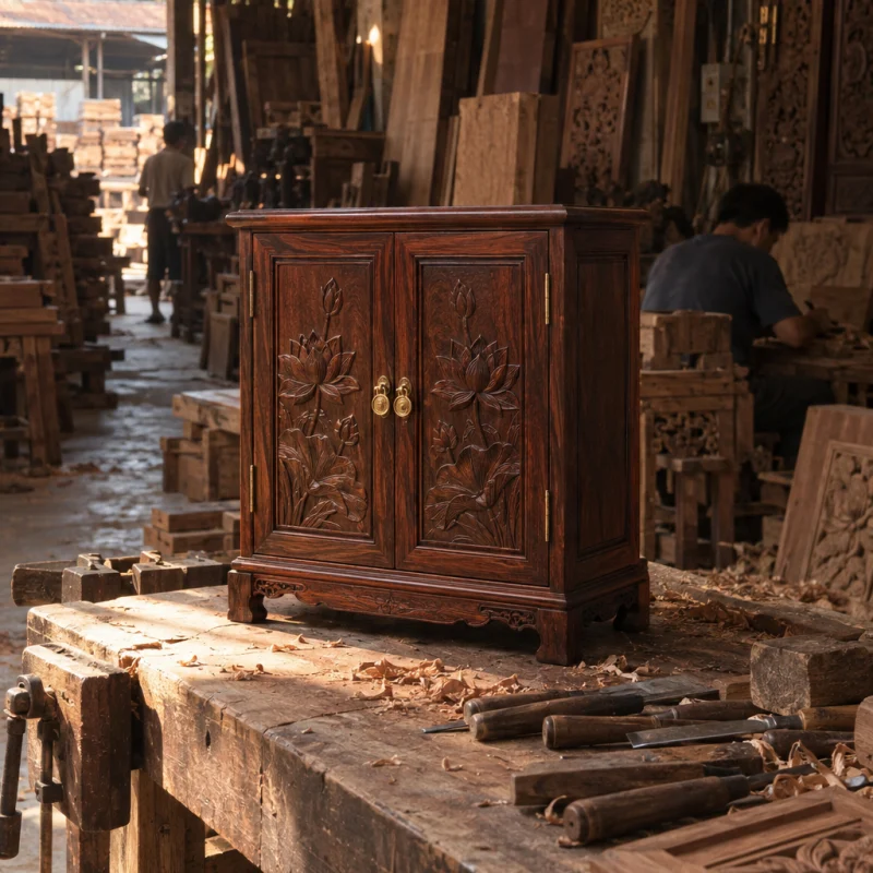 Jewellery cabinet, rosewood: A small rosewood jewellery cabinet with lotus-carved doors and brass pulls from Đại Bái, standing closed on the bench, in a Đồng Kỵ carving workshop, ironwood and rosewood planks, chisels and shavings, oiled dark grain, timber-yard light, by Đồng Kỵ workshop