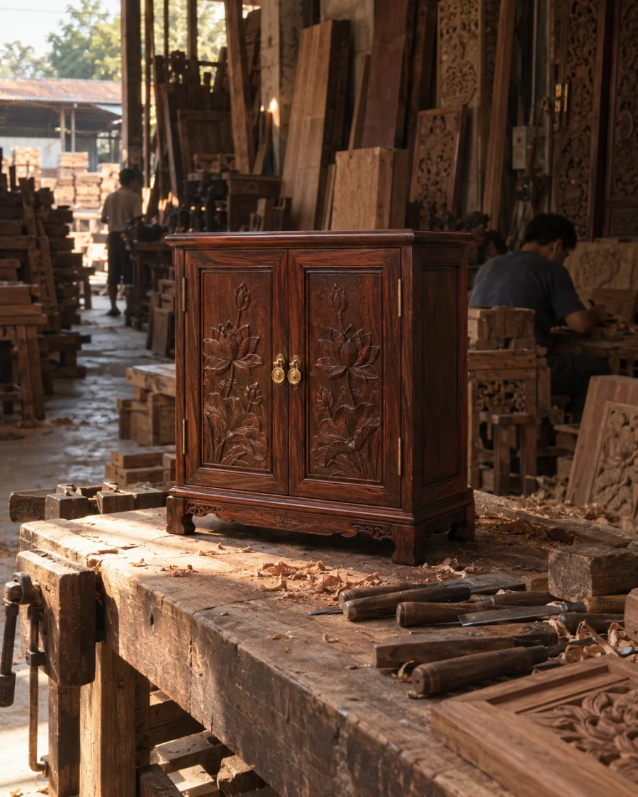 Jewellery cabinet, rosewood: A small rosewood jewellery cabinet with lotus-carved doors and brass pulls from Đại Bái, standing closed on the bench, in a Đồng Kỵ carving workshop, ironwood and rosewood planks, chisels and shavings, oiled dark grain, timber-yard light, by Đồng Kỵ workshop