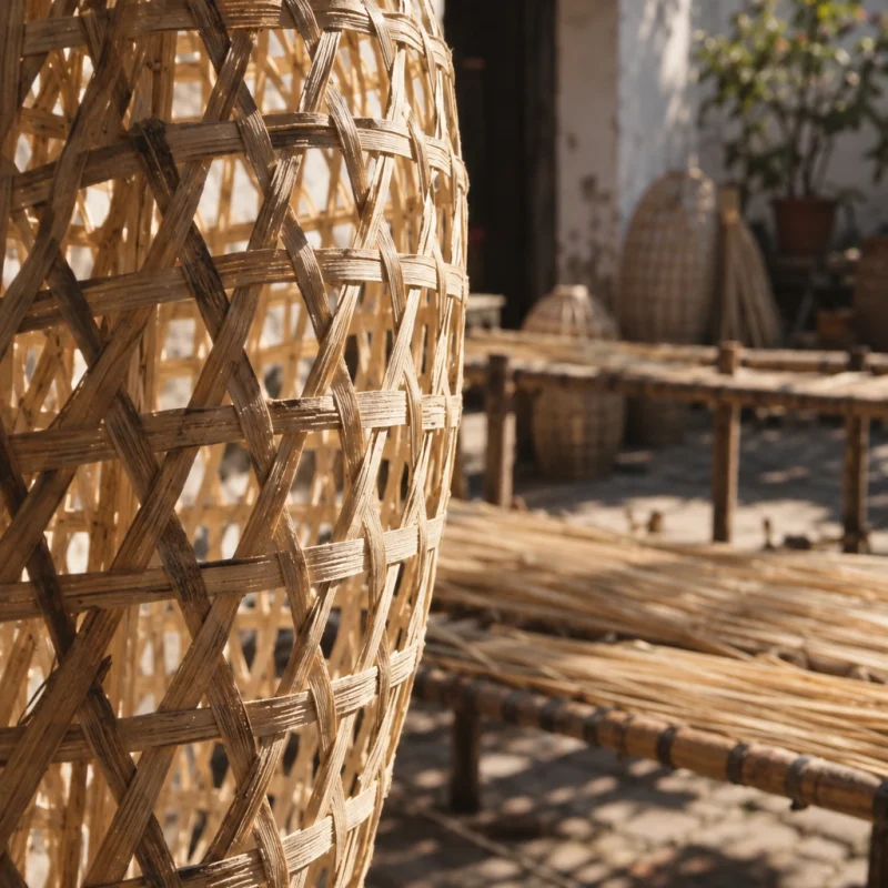 Lantern, open weave, macro of the hexagonal open weave against the light, in a Phú Vinh courtyard, split rattan cane drying on bamboo racks, pale straw and honey tones, whitewashed wall, dappled sun