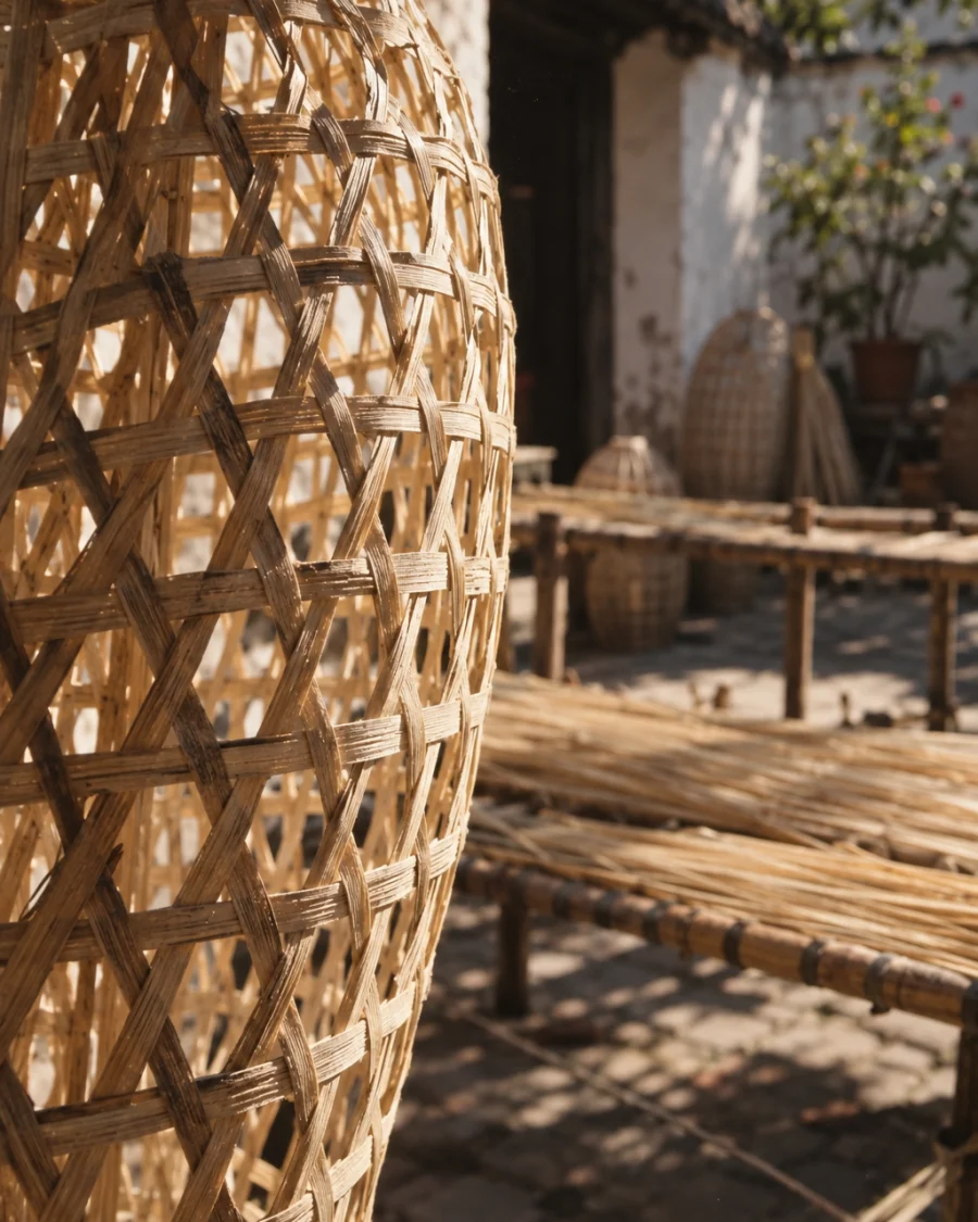 Lantern, open weave, macro of the hexagonal open weave against the light, in a Phú Vinh courtyard, split rattan cane drying on bamboo racks, pale straw and honey tones, whitewashed wall, dappled sun