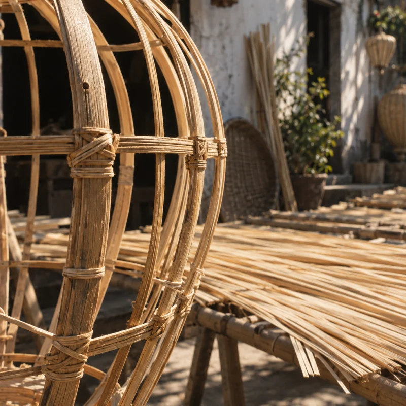 Lantern, open weave, close-up of the bamboo frame and lashing, in a Phú Vinh courtyard, split rattan cane drying on bamboo racks, pale straw and honey tones, whitewashed wall, dappled sun