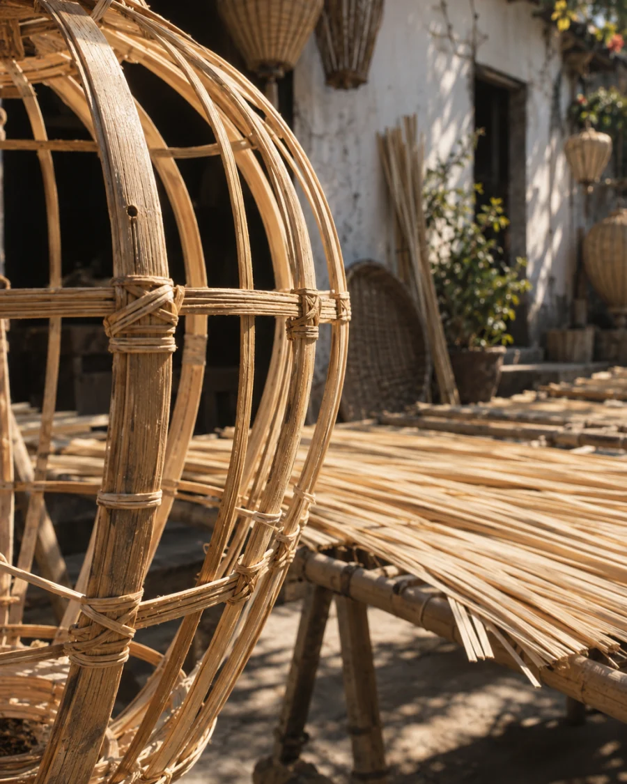 Lantern, open weave, close-up of the bamboo frame and lashing, in a Phú Vinh courtyard, split rattan cane drying on bamboo racks, pale straw and honey tones, whitewashed wall, dappled sun